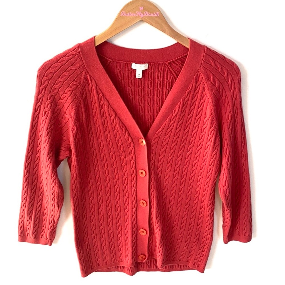 Talbots 3/4” sleeve button down front rust colored cardigan sweater, Size M